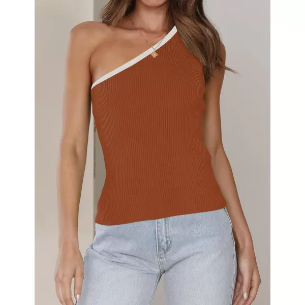 imageZESICA Womens One Shoulder Tank Tops Summer Sleeveless T Shirt Ribbed Knit Color Block Slim Fit Basic Tee TopsCaramel