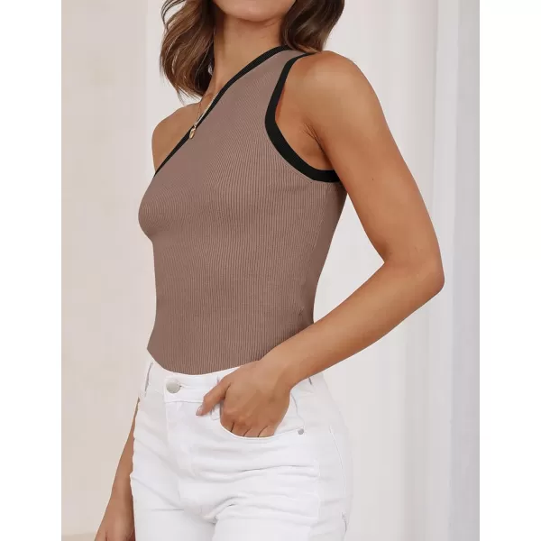 imageZESICA Womens One Shoulder Tank Tops Summer Sleeveless T Shirt Ribbed Knit Color Block Slim Fit Basic Tee TopsCoffee