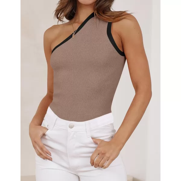 imageZESICA Womens One Shoulder Tank Tops Summer Sleeveless T Shirt Ribbed Knit Color Block Slim Fit Basic Tee TopsCoffee