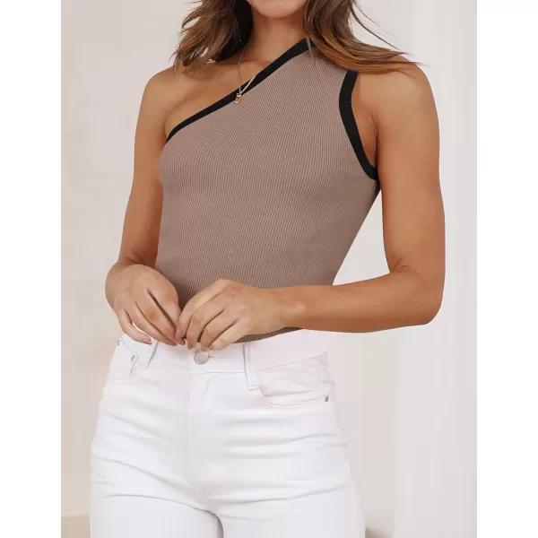imageZESICA Womens One Shoulder Tank Tops Summer Sleeveless T Shirt Ribbed Knit Color Block Slim Fit Basic Tee TopsCoffee
