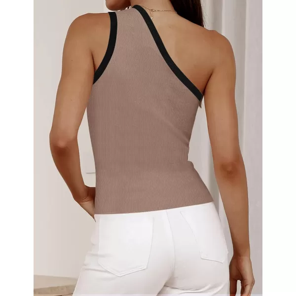 imageZESICA Womens One Shoulder Tank Tops Summer Sleeveless T Shirt Ribbed Knit Color Block Slim Fit Basic Tee TopsCoffee
