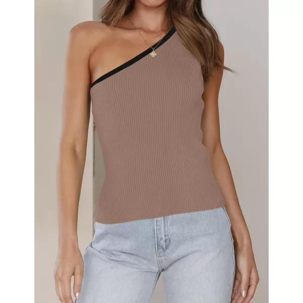 imageZESICA Womens One Shoulder Tank Tops Summer Sleeveless T Shirt Ribbed Knit Color Block Slim Fit Basic Tee TopsCoffee