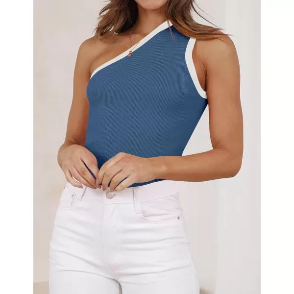 imageZESICA Womens One Shoulder Tank Tops Summer Sleeveless T Shirt Ribbed Knit Color Block Slim Fit Basic Tee TopsDarkblue