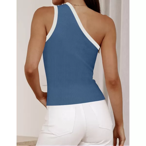 imageZESICA Womens One Shoulder Tank Tops Summer Sleeveless T Shirt Ribbed Knit Color Block Slim Fit Basic Tee TopsDarkblue
