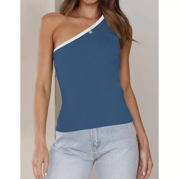 imageZESICA Womens One Shoulder Tank Tops Summer Sleeveless T Shirt Ribbed Knit Color Block Slim Fit Basic Tee TopsDarkblue