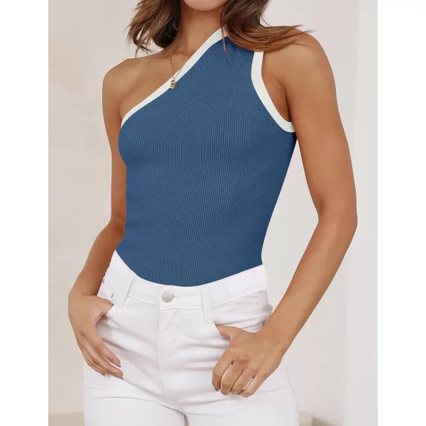 imageZESICA Womens One Shoulder Tank Tops Summer Sleeveless T Shirt Ribbed Knit Color Block Slim Fit Basic Tee TopsDarkblue