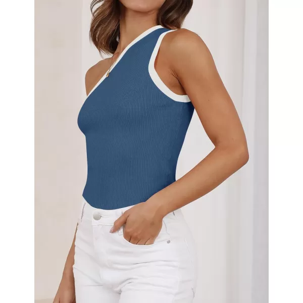 imageZESICA Womens One Shoulder Tank Tops Summer Sleeveless T Shirt Ribbed Knit Color Block Slim Fit Basic Tee TopsDarkblue