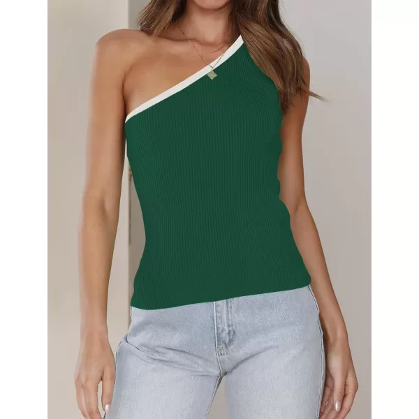 imageZESICA Womens One Shoulder Tank Tops Summer Sleeveless T Shirt Ribbed Knit Color Block Slim Fit Basic Tee TopsGreen