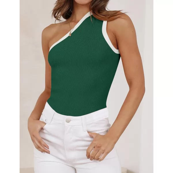 imageZESICA Womens One Shoulder Tank Tops Summer Sleeveless T Shirt Ribbed Knit Color Block Slim Fit Basic Tee TopsGreen