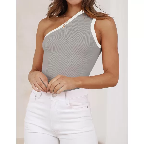 imageZESICA Womens One Shoulder Tank Tops Summer Sleeveless T Shirt Ribbed Knit Color Block Slim Fit Basic Tee TopsGrey