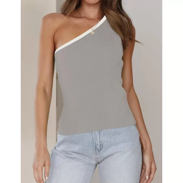 imageZESICA Womens One Shoulder Tank Tops Summer Sleeveless T Shirt Ribbed Knit Color Block Slim Fit Basic Tee TopsGrey