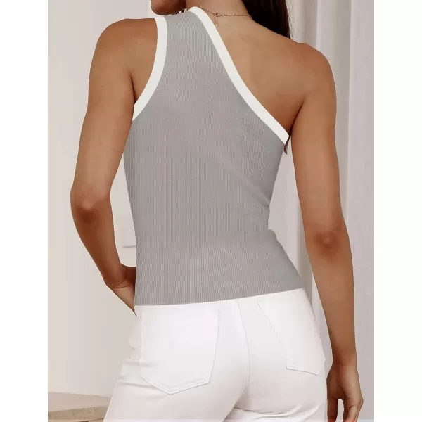 imageZESICA Womens One Shoulder Tank Tops Summer Sleeveless T Shirt Ribbed Knit Color Block Slim Fit Basic Tee TopsGrey