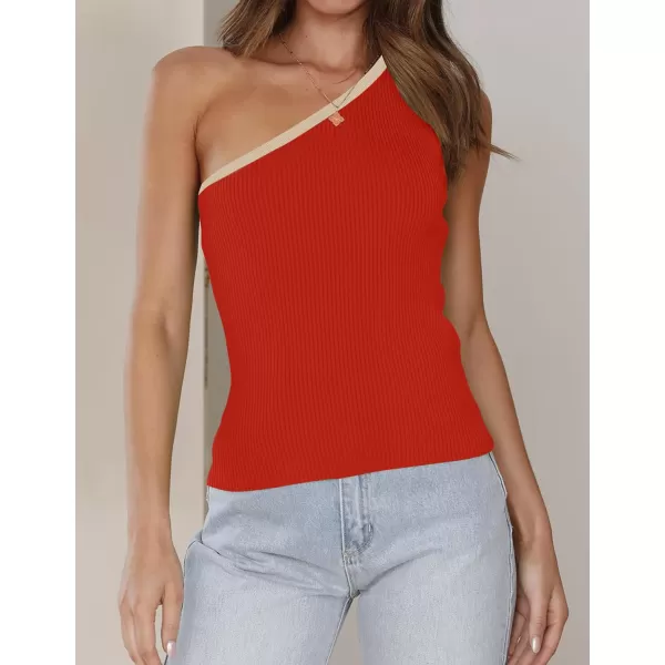 imageZESICA Womens One Shoulder Tank Tops Summer Sleeveless T Shirt Ribbed Knit Color Block Slim Fit Basic Tee TopsOrangered