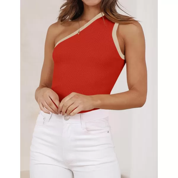 imageZESICA Womens One Shoulder Tank Tops Summer Sleeveless T Shirt Ribbed Knit Color Block Slim Fit Basic Tee TopsOrangered