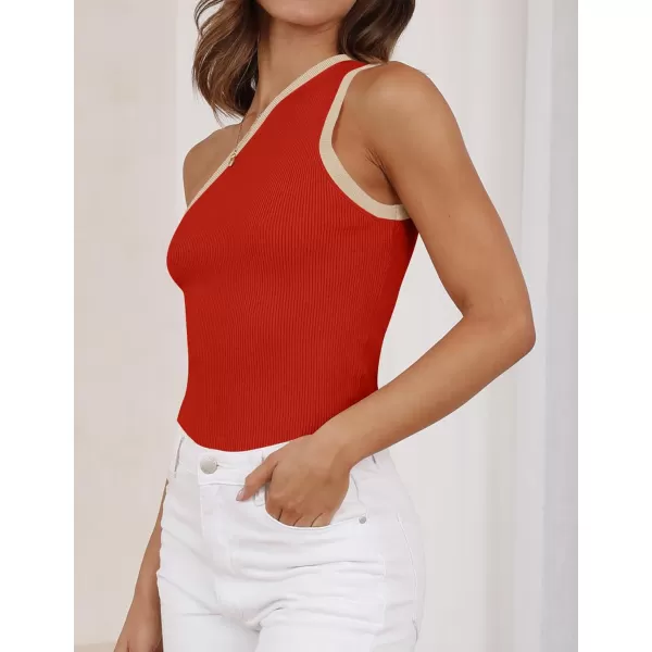 imageZESICA Womens One Shoulder Tank Tops Summer Sleeveless T Shirt Ribbed Knit Color Block Slim Fit Basic Tee TopsOrangered
