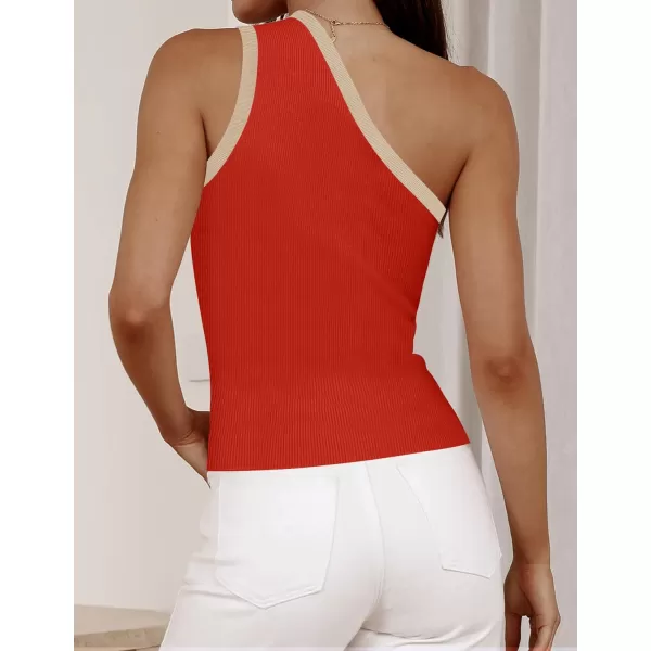imageZESICA Womens One Shoulder Tank Tops Summer Sleeveless T Shirt Ribbed Knit Color Block Slim Fit Basic Tee TopsOrangered