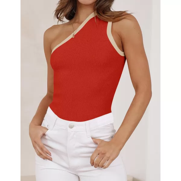 imageZESICA Womens One Shoulder Tank Tops Summer Sleeveless T Shirt Ribbed Knit Color Block Slim Fit Basic Tee TopsOrangered