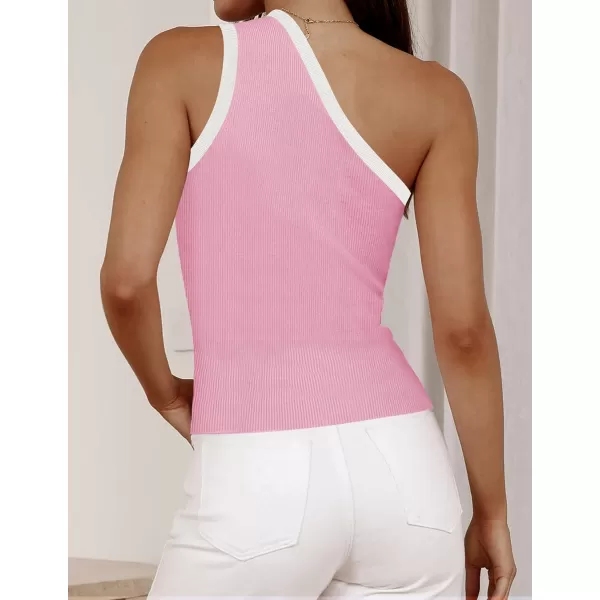 imageZESICA Womens One Shoulder Tank Tops Summer Sleeveless T Shirt Ribbed Knit Color Block Slim Fit Basic Tee TopsPink