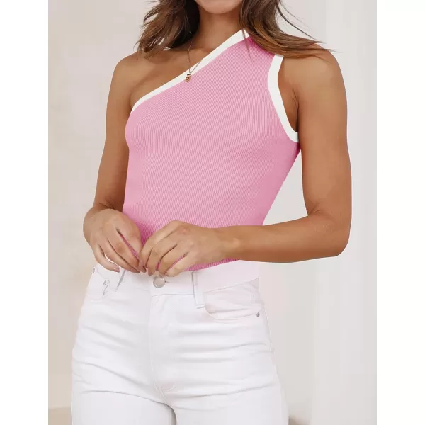 imageZESICA Womens One Shoulder Tank Tops Summer Sleeveless T Shirt Ribbed Knit Color Block Slim Fit Basic Tee TopsPink