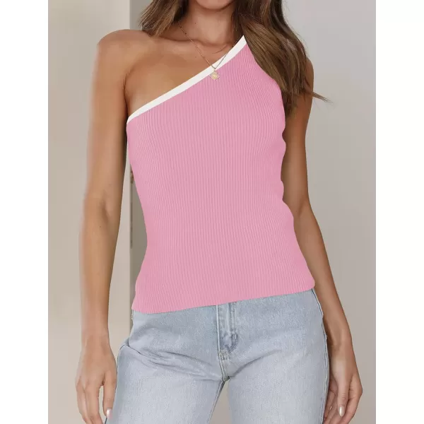 imageZESICA Womens One Shoulder Tank Tops Summer Sleeveless T Shirt Ribbed Knit Color Block Slim Fit Basic Tee TopsPink