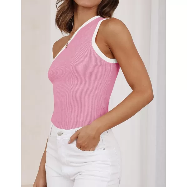 imageZESICA Womens One Shoulder Tank Tops Summer Sleeveless T Shirt Ribbed Knit Color Block Slim Fit Basic Tee TopsPink