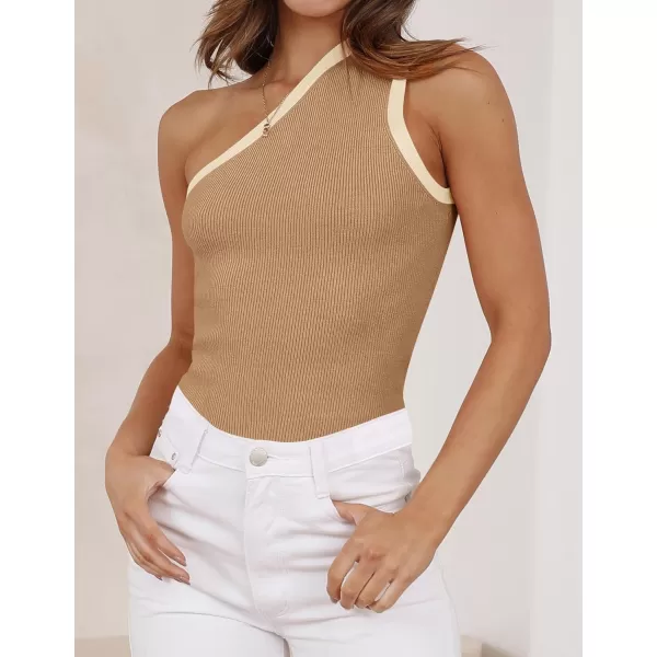 imageZESICA Womens One Shoulder Tank Tops Summer Sleeveless T Shirt Ribbed Knit Color Block Slim Fit Basic Tee TopsToffee
