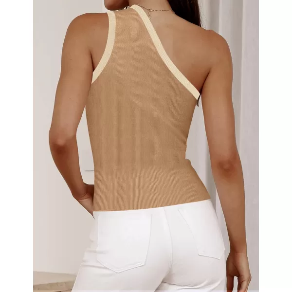 imageZESICA Womens One Shoulder Tank Tops Summer Sleeveless T Shirt Ribbed Knit Color Block Slim Fit Basic Tee TopsToffee