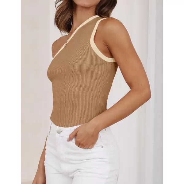 imageZESICA Womens One Shoulder Tank Tops Summer Sleeveless T Shirt Ribbed Knit Color Block Slim Fit Basic Tee TopsToffee