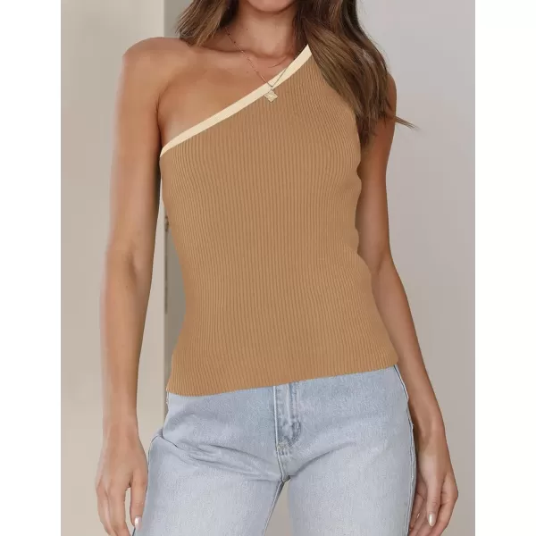 imageZESICA Womens One Shoulder Tank Tops Summer Sleeveless T Shirt Ribbed Knit Color Block Slim Fit Basic Tee TopsToffee