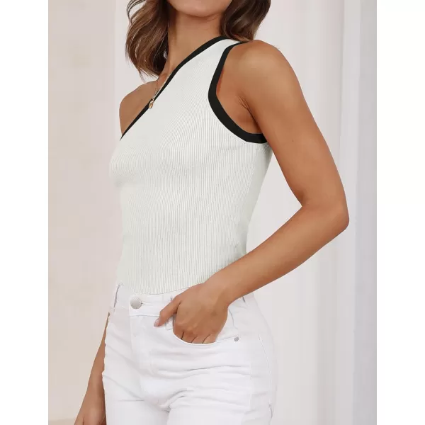 imageZESICA Womens One Shoulder Tank Tops Summer Sleeveless T Shirt Ribbed Knit Color Block Slim Fit Basic Tee TopsWhite