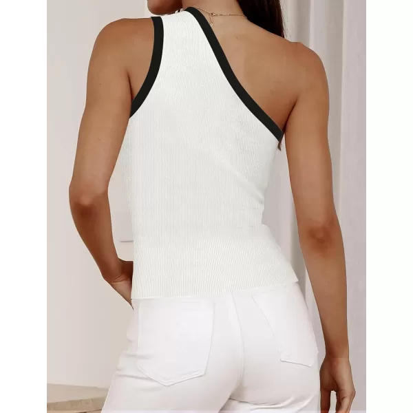 imageZESICA Womens One Shoulder Tank Tops Summer Sleeveless T Shirt Ribbed Knit Color Block Slim Fit Basic Tee TopsWhite