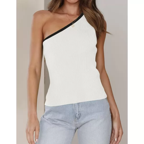 imageZESICA Womens One Shoulder Tank Tops Summer Sleeveless T Shirt Ribbed Knit Color Block Slim Fit Basic Tee TopsWhite