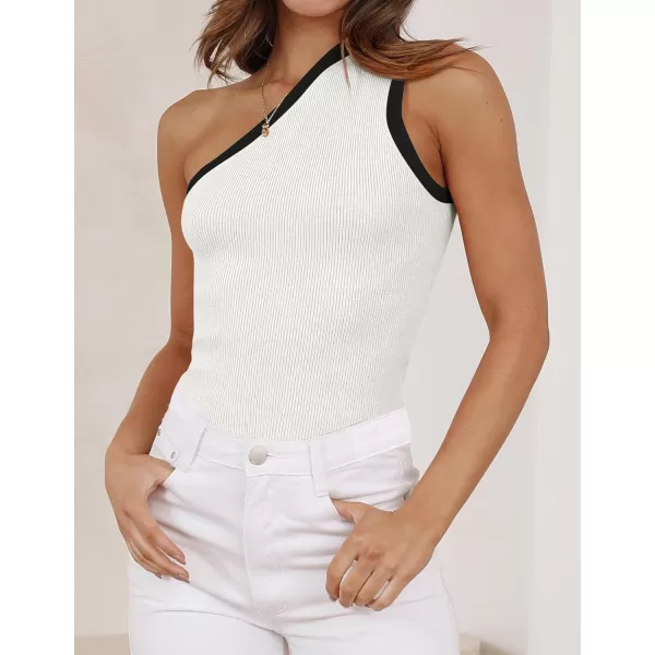 imageZESICA Womens One Shoulder Tank Tops Summer Sleeveless T Shirt Ribbed Knit Color Block Slim Fit Basic Tee TopsWhite