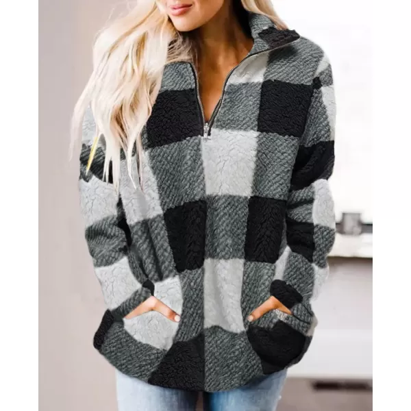 imageZESICA Womens Plaid Long Sleeve Zipper Sherpa Fleece Sweatshirt Pullover Jacket CoatBlack