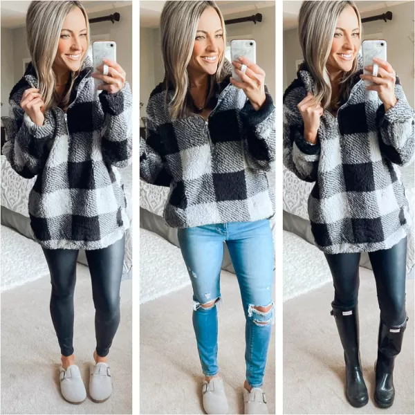 imageZESICA Womens Plaid Long Sleeve Zipper Sherpa Fleece Sweatshirt Pullover Jacket CoatBlack