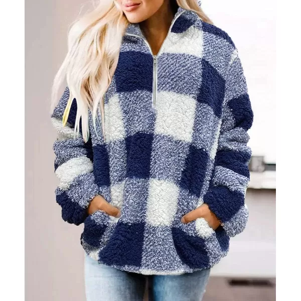 imageZESICA Womens Plaid Long Sleeve Zipper Sherpa Fleece Sweatshirt Pullover Jacket CoatBlue