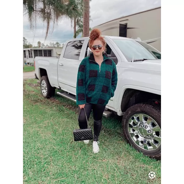 imageZESICA Womens Plaid Long Sleeve Zipper Sherpa Fleece Sweatshirt Pullover Jacket CoatGreen