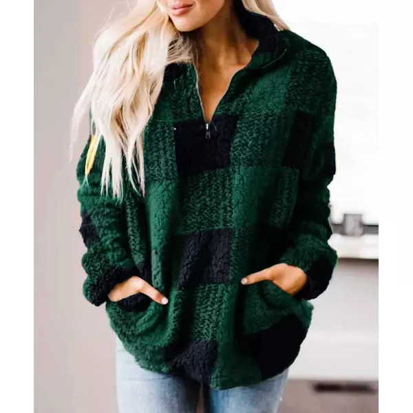imageZESICA Womens Plaid Long Sleeve Zipper Sherpa Fleece Sweatshirt Pullover Jacket CoatGreen