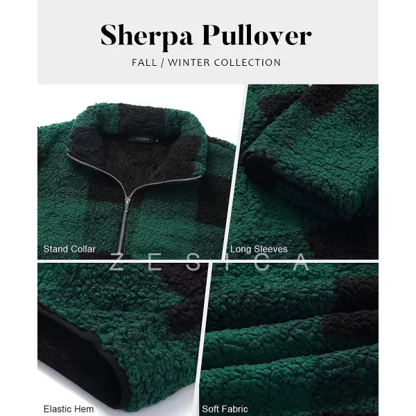 imageZESICA Womens Plaid Long Sleeve Zipper Sherpa Fleece Sweatshirt Pullover Jacket CoatGreen