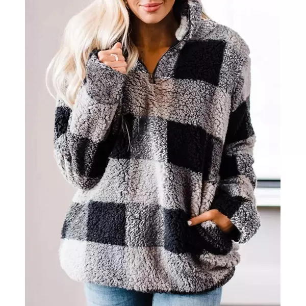 imageZESICA Womens Plaid Long Sleeve Zipper Sherpa Fleece Sweatshirt Pullover Jacket CoatGrey