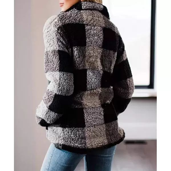 imageZESICA Womens Plaid Long Sleeve Zipper Sherpa Fleece Sweatshirt Pullover Jacket CoatGrey