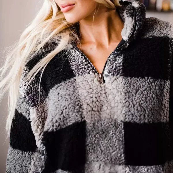 imageZESICA Womens Plaid Long Sleeve Zipper Sherpa Fleece Sweatshirt Pullover Jacket CoatGrey