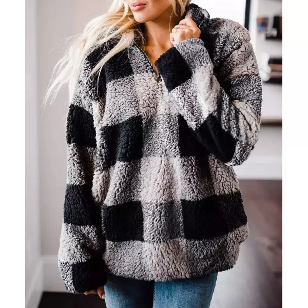 imageZESICA Womens Plaid Long Sleeve Zipper Sherpa Fleece Sweatshirt Pullover Jacket CoatGrey