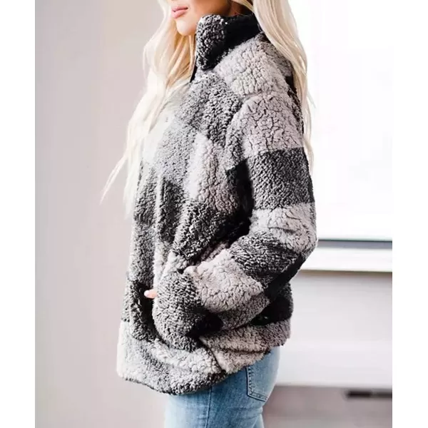 imageZESICA Womens Plaid Long Sleeve Zipper Sherpa Fleece Sweatshirt Pullover Jacket CoatGrey