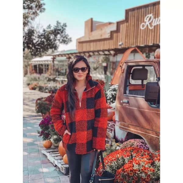 imageZESICA Womens Plaid Long Sleeve Zipper Sherpa Fleece Sweatshirt Pullover Jacket CoatOrange Red