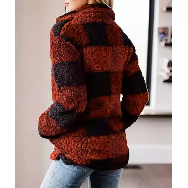 imageZESICA Womens Plaid Long Sleeve Zipper Sherpa Fleece Sweatshirt Pullover Jacket CoatOrange Red