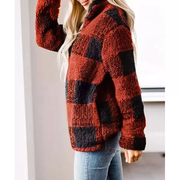 imageZESICA Womens Plaid Long Sleeve Zipper Sherpa Fleece Sweatshirt Pullover Jacket CoatOrange Red