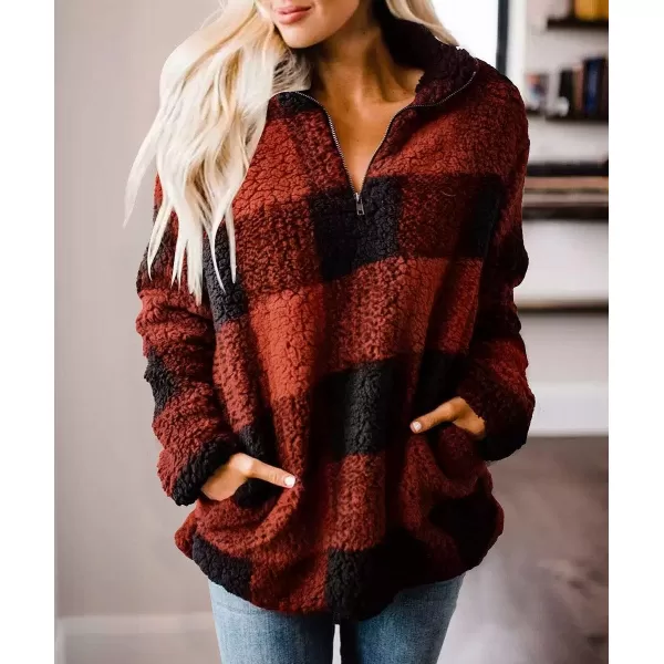 imageZESICA Womens Plaid Long Sleeve Zipper Sherpa Fleece Sweatshirt Pullover Jacket CoatOrange Red