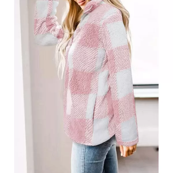 imageZESICA Womens Plaid Long Sleeve Zipper Sherpa Fleece Sweatshirt Pullover Jacket CoatPink