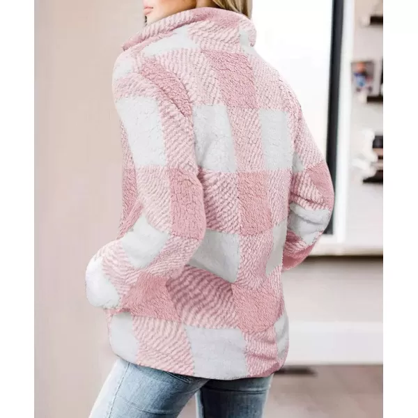 imageZESICA Womens Plaid Long Sleeve Zipper Sherpa Fleece Sweatshirt Pullover Jacket CoatPink
